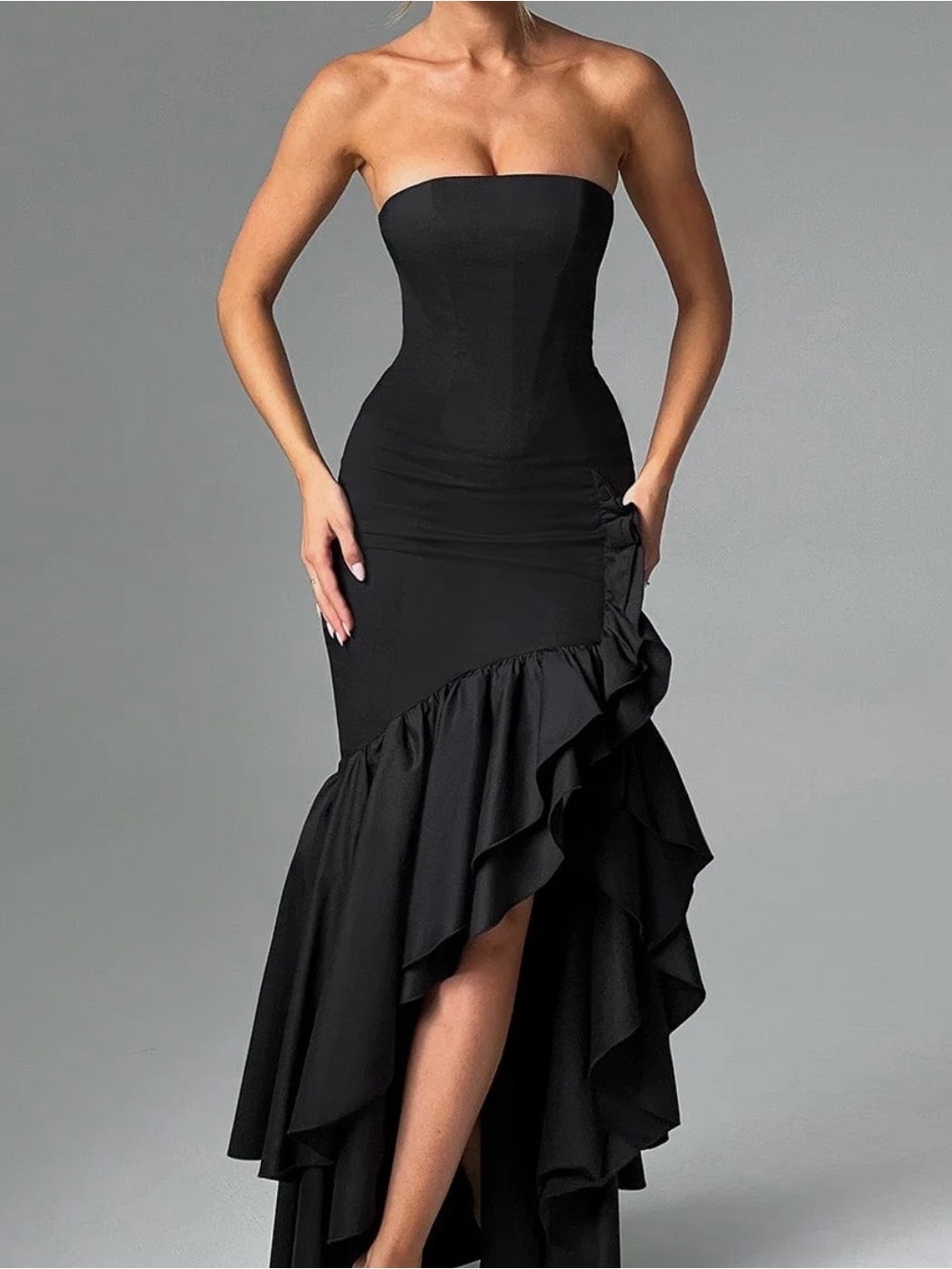 Strapless Black Ruffled High-Low Evening Gown